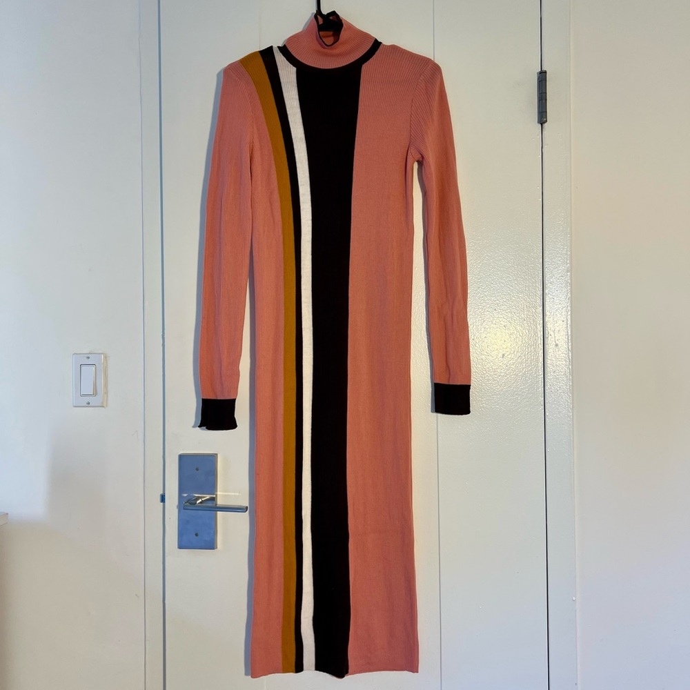 Pinko Long Ribbed Pink Wool Dress White, Brown & Yellow Vertical stripes Size L